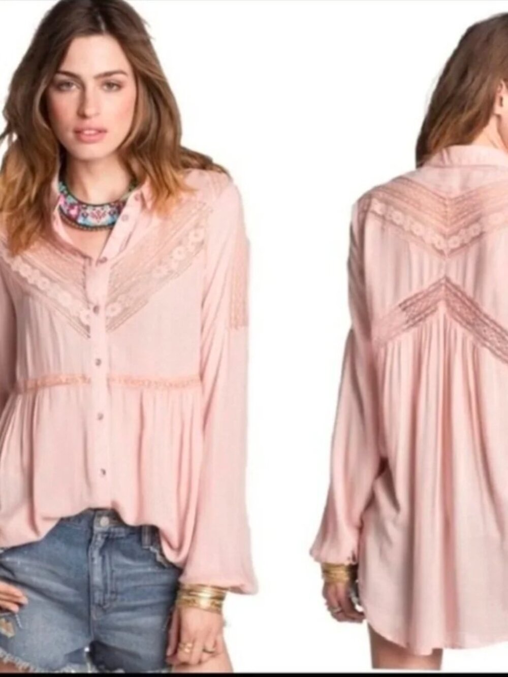 Free People Wild Wind Light Pink Lace Inset Boho Button Down Tunic